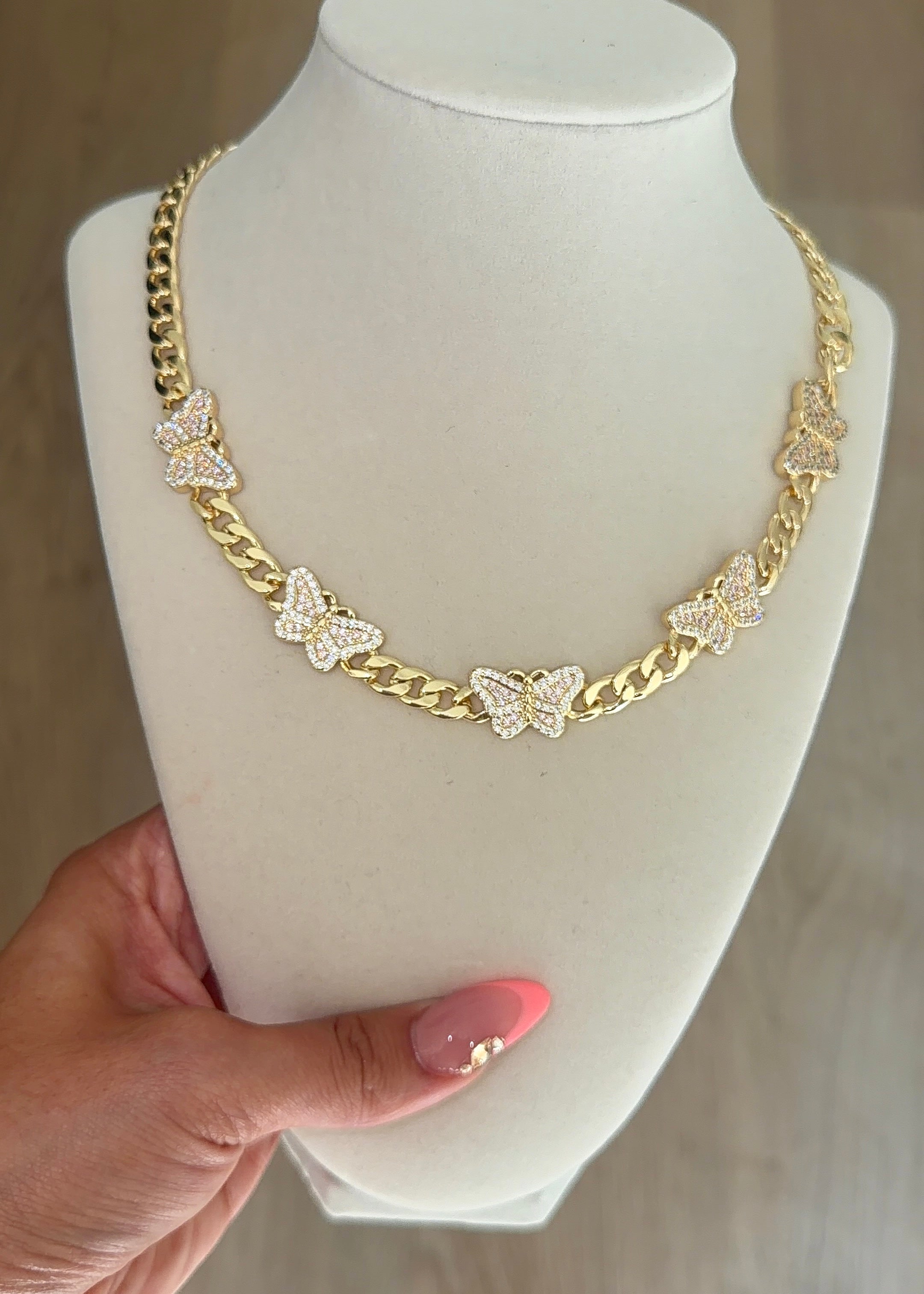 PINK BUTTERFLY HRT CUBAN NECKLACE